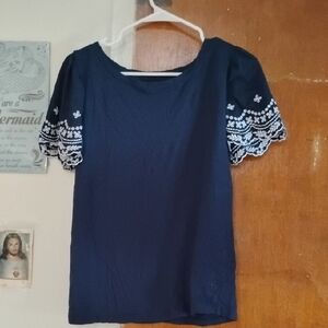 LOFT Navy Blouse with White Embroidery